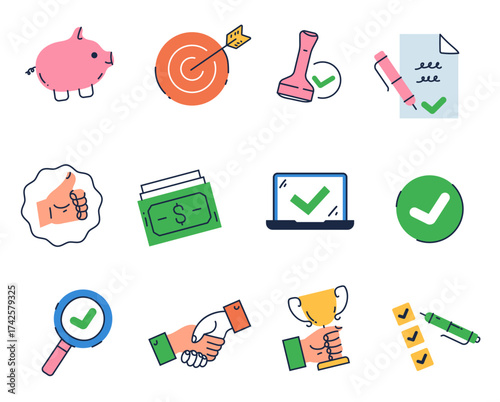 Business icon economy financial money trade strategy isolated set. Vector flat graphic design element concept illustration
