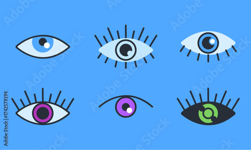 Different type of eyes colorful esoteric style flat set. Vector graphic design illustration element