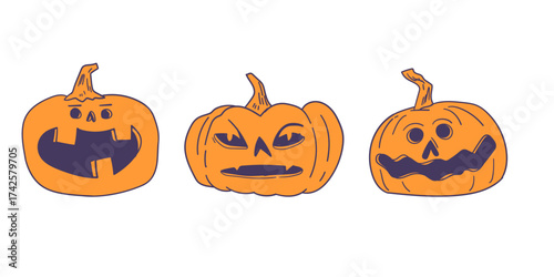 cartoon jack-o’-lanterns with different expressions, spooky and humorous Halloween clip art