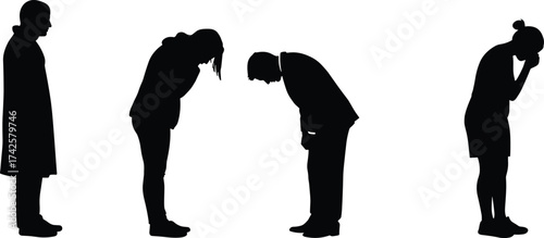 Silhouette people bowing illustration, respect and apology gesture vector, formal greeting posture, humility and politeness concept art design for culture themes