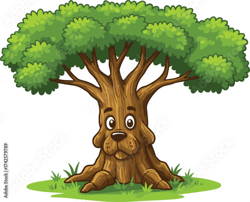 Cartoon tree with face illustration, cute nature character vector, happy forest mascot artwork, fantasy woodland design, smiling tree trunk drawing