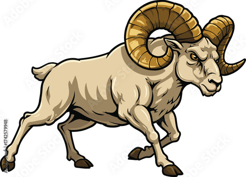 Strong mountain ram illustration, wild animal vector, horned sheep artwork, wildlife nature design, aggressive bighorn symbol, muscular animal drawing for logo or mascot
