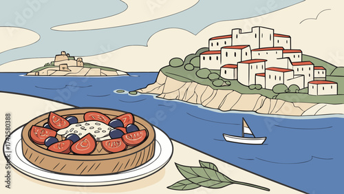 A delightful cartoon illustration of a fruit tart with a coastal village backdrop, evoking a sense of summer vacation and culinary indulgence