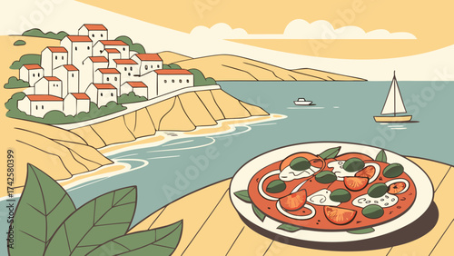 A charming cartoon illustration of a tomato salad with a coastal village view, capturing the essence of mediterranean cuisine and seaside tranquility