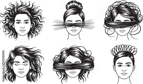Set Of Woman Head With Different Hairstyle Various Styles Fashion Portrait Beauty Care