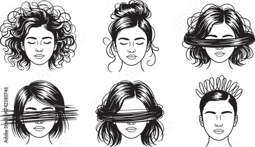 Abstract Woman Face Line Blind Haircut Minimalist Design Isolated On Transparent Background