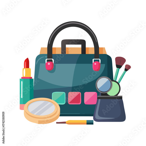 Vector Fashion Handbag with Makeup Cosmetics isolated on white background .vector icons