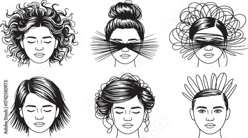 Abstract Woman Face Line Blind Hairstyle Design Isolated On Transparent Background