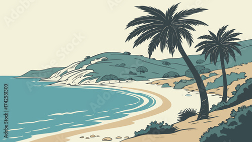 A tranquil beach scene featuring palm trees, a sandy shore, and clear turquoise water against a backdrop of a lush green hillside under a bright sky
