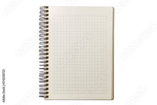 Open notebook with graph paper and spiral binding for notes sketches and planning on transparent background