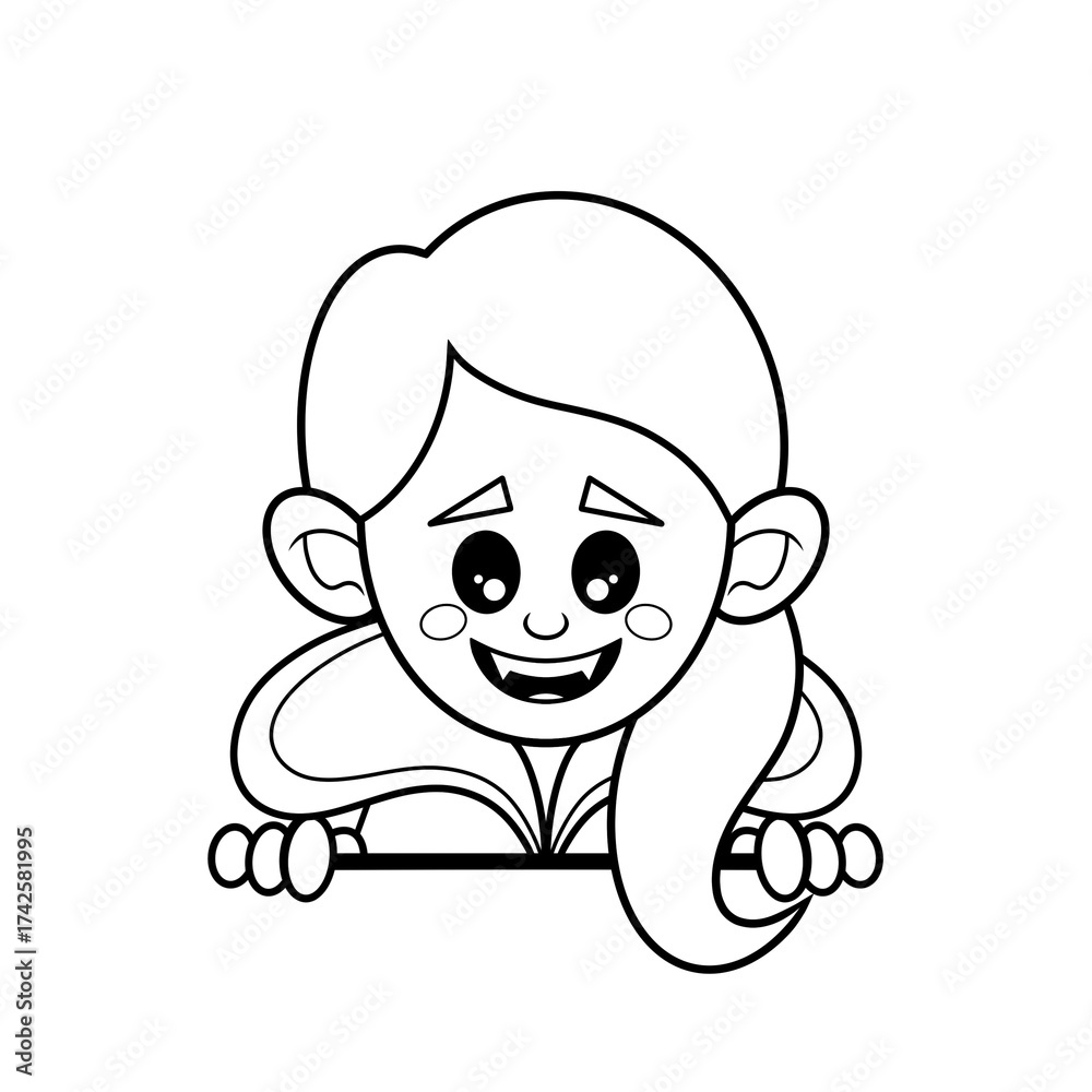 Obraz premium Female vampire with long hair topper peeking over an edge classic Halloween monster clip art hand drawn black and white