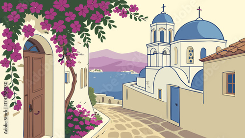 Captivating greek island street view with whitewashed buildings, blue domed churches, and vibrant bougainvillea, evoking the essence of a tranquil mediterranean getaway