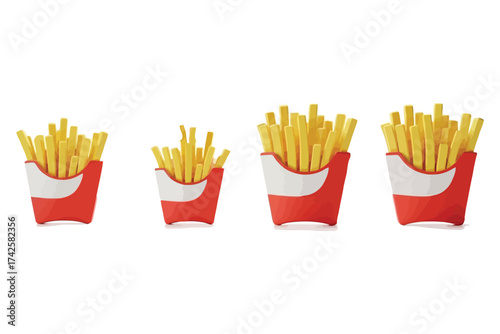 Vector art of four portions of french fries in red and white paper containers