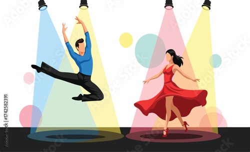 Couple Dancing Under Colorful Stage Lights Illustration