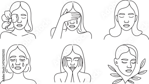 Woman Crying Covering Face Thin Line Art Depression Sadness Vector