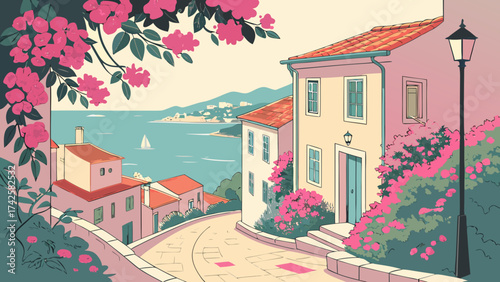 Idyllic coastal scene with bougainvilleacovered buildings and a serene sea view, capturing the essence of a mediterranean paradise with its vibrant hues