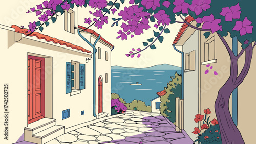 Picturesque mediterranean street with bougainvillea, white houses, and a sea view, capturing the essence of a tranquil summer day in a coastal village