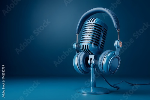 Vintage microphone and headphones illuminated by cool blue light symbolizing audio recording and broadcasting