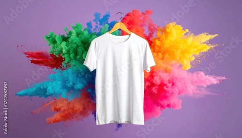 White tshirt mockup with colorful powder explosion on purple background.