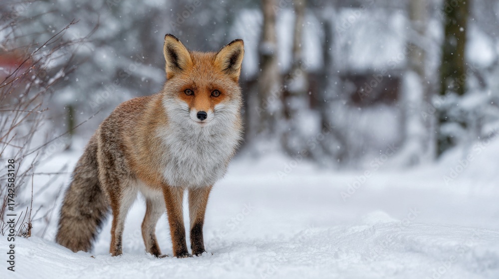 Fototapeta premium A red fox standing on snowy ground in winter forest