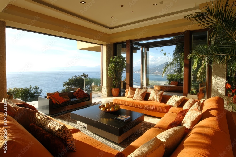 Fototapeta premium Luxurious Mediterranean style living room with ocean view