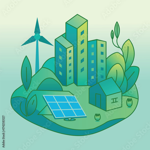 Sustainable City with Solar Panels and Wind Turbine Eco Illustration