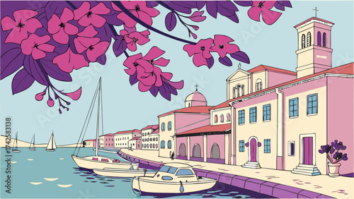 Charming coastal town with colorful buildings, boats, and flowers, capturing the essence of a picturesque mediterranean scene on a sunny day