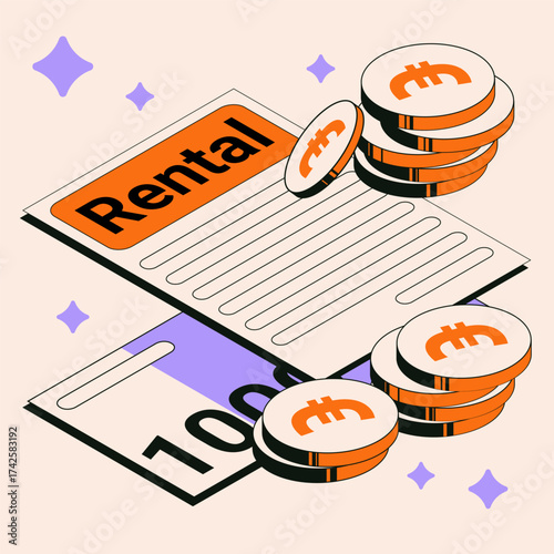 Rental contract with bitcoin coins digital currency payment illustration banner, artwork, poster