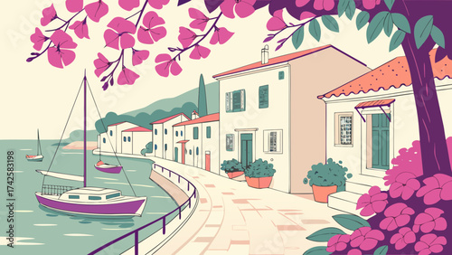 Charming coastal village scene with whitewashed houses, blooming bougainvillea, and boats sailing on the tranquil sea, evoking a peaceful and picturesque atmosphere