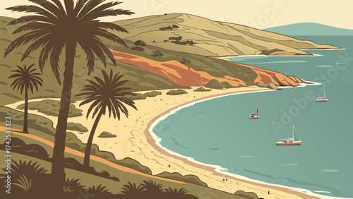 A picturesque coastal scene with palm trees, sandy beach, and boats sailing on the calm sea, capturing the beauty of a tropical getaway