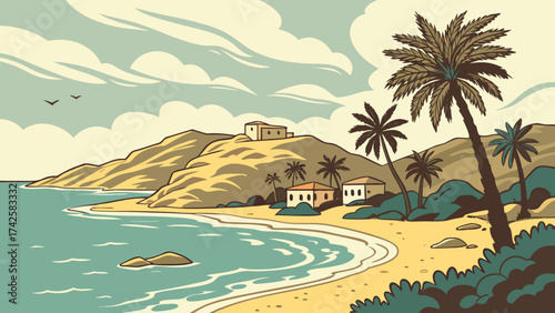 A serene beach landscape with palm trees, gentle waves, and a clear sky, evoking a sense of relaxation and tropical paradise