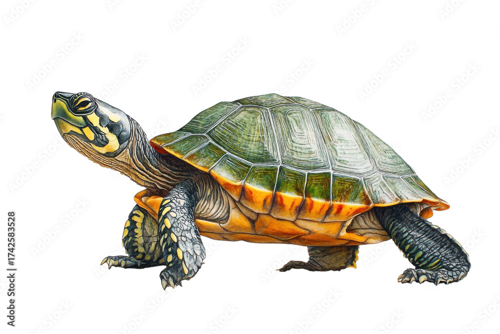Obraz premium Detailed watercolor painting of a turtle with a green shell on transparent background