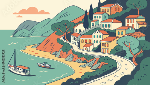 A picturesque coastal village nestled on a hillside, with boats dotting the turquoise sea and a winding road leading through the charming houses