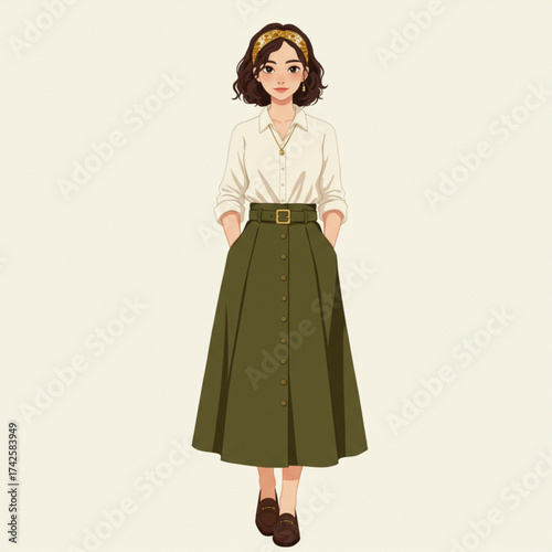 Elegant animated young woman illustration in smart casual attire, featuring an olive midi skirt and white shirt, perfect for fashion blogs, marketing 