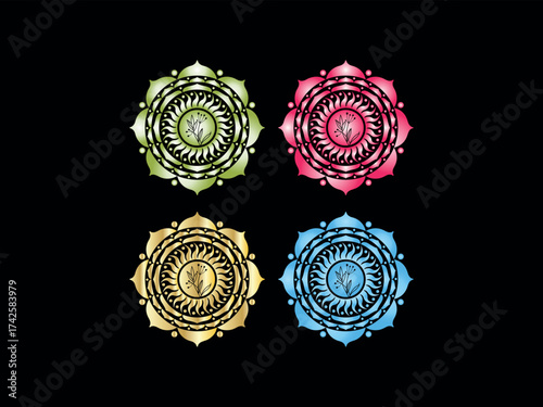 Four colorful mandala designs on a black background 