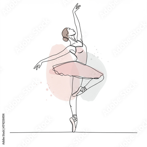 Graceful minimalist line art ballerina en pointe, featuring soft watercolor accents; ideal for elegant event invitations, dance studio websites, artis