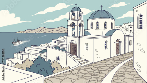 Charming greek island scene with a whitewashed church, cobblestone path, and the serene blue sea in the background, creating a peaceful mediterranean vista