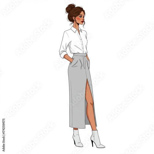 Stylish illustration of a modern woman in a white shirt, chic gray high-slit skirt, and ankle boots, perfect for fashion blogs, lifestyle website, bro