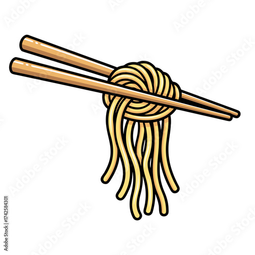 Illustration of delicious steaming hot noodle dish held by chopsticks, a popular and satisfying meal