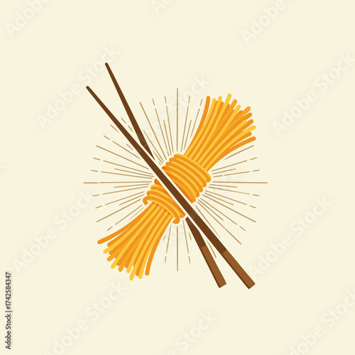 Abstract illustration of chopsticks holding a bundle of spaghetti noodles with radiating lines on a cream background, evoking a sense of freshness and culinary artistry
