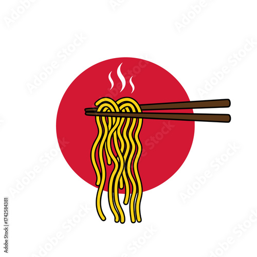 Japanese Chopsticks Holding Steaming Hot Ramen Noodles Against a Red Circle Background, Delicious Meal