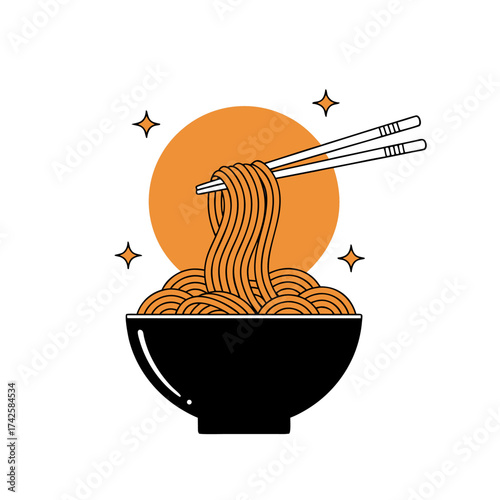 A Whimsical Illustration of Delicious Noodle Soup Served in a Bowl with Chopsticks and a Glowing Sun in the Background