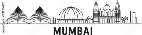 Mumbai India Skyline Outline Illustration on Transparent Background