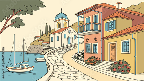 A charming coastal village with traditional architecture, featuring a church with a blue dome, houses with orange roofs, and boats in the harbor, creating a serene scene