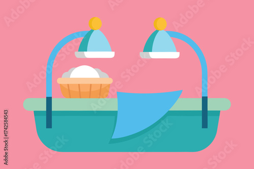 Realistic Sleeping Baby in Moses Basket on Bed Vector Illustration