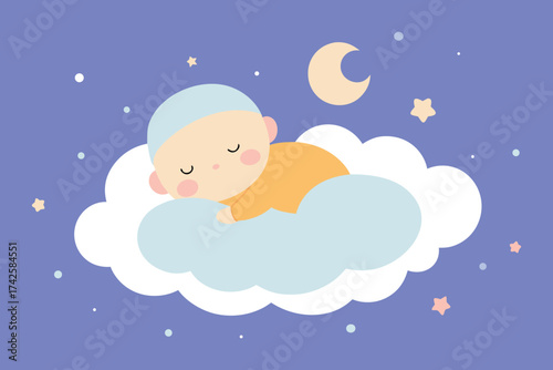 Whimsical Vector of Swaddled Baby Sleeping on Cloud with Stars and Dream Symbols in Sky