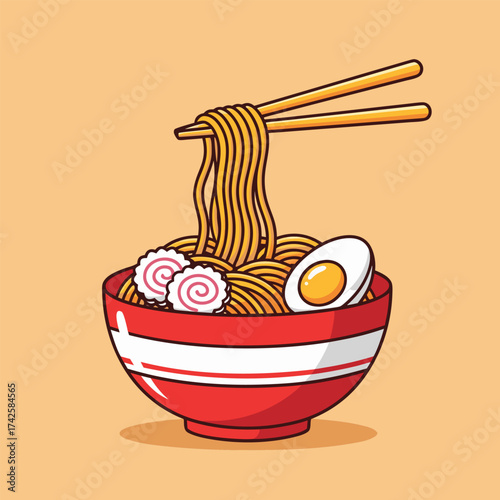 Illustration of a Delicious Bowl of Ramen Noodles with Chopsticks Lifting the Noodles, Egg, and Fish Cakes