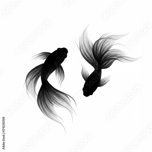 Minimalist ink-style illustration of two elegant black fish with flowing fins and tails on white, ideal for wall art, web, packaging, textile, and bro
