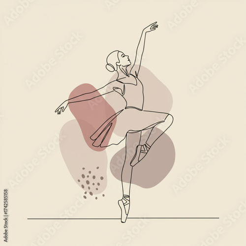 Elegant continuous line art of a graceful ballerina, conveying artistic poise; ideal for dance studio branding, event invitations, website headers, an