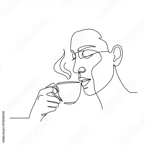 Elegant continuous line art of a person enjoying a steaming hot beverage, perfect for modern website graphics, cafe branding, wellness blogs, packagin